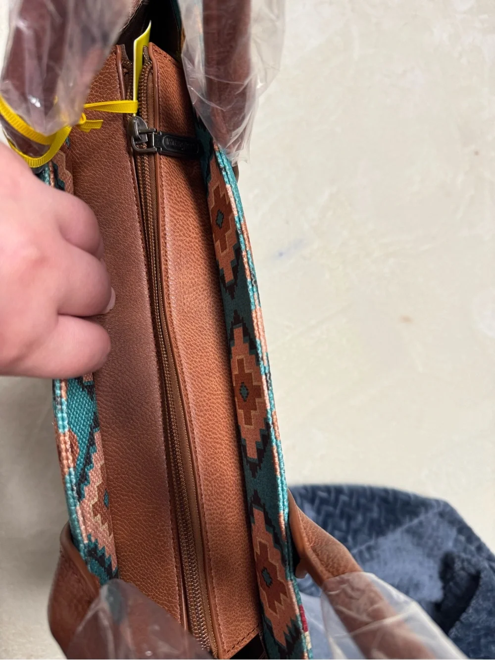 Wrangler Turquoise Aztec Pattern Tote with Brown Trim